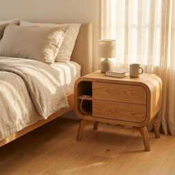 Wood Side Table With 2 Drawers, Wooden Modern Console Table, Bedside Art Deco Night Stand, Bedroom Storage, Handmade End - thumbnail 1