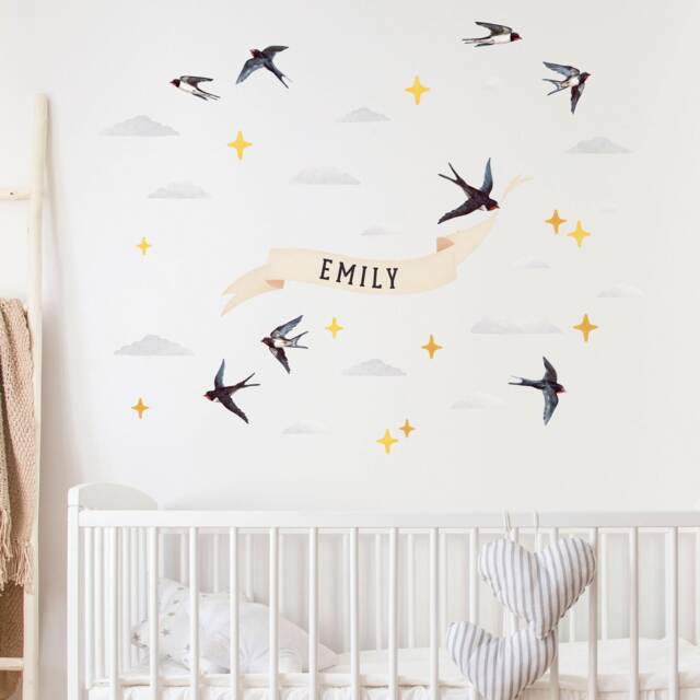 Personalised Name Wall Sticker With Swallows - image 1