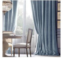 Pair Of Baby Blue Velvet Curtains, Bedroom Living Room Custom Curtains - thumbnail 1