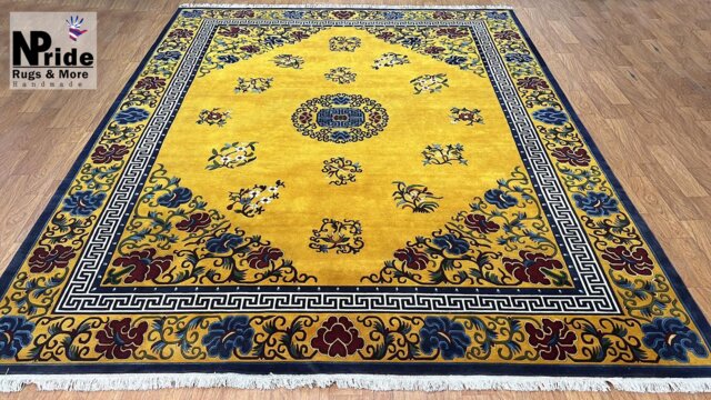 Tibetan Floral Wool Rug Yellow Multicolour Handknotted Nepal - Buddhist Made To Order Carpet - image 1