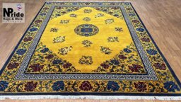 Tibetan Floral Wool Rug Yellow Multicolour Handknotted Nepal - Buddhist Made To Order Carpet
