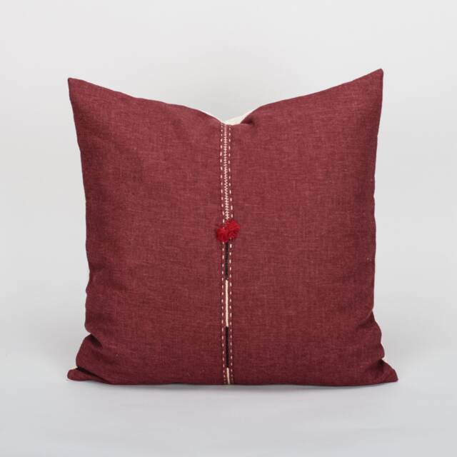 Handwoven Hemp Cushion Cover - Burgundy Red, Karen Hill Tribe Tassel Pillow - image 1