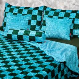 Luxury Faux Fur Bed Set - Aquamarine Emerald Patchwork, Tissavel Eco Furs - thumbnail 2