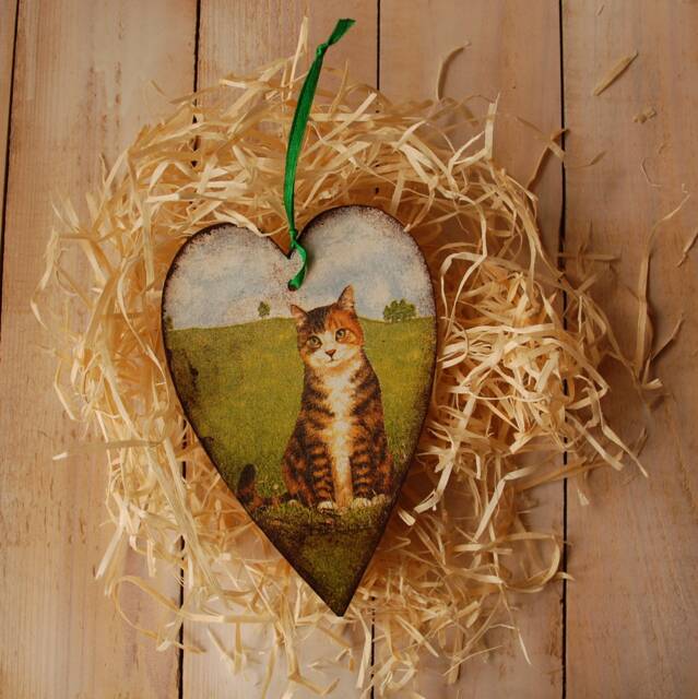 Decoupage Cat Hanging Heart Plaque, Wooden Ornament - image 1