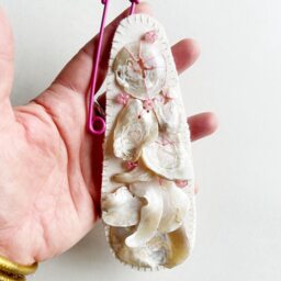 Hand Embroidered Fiber Art Shells, Rose Quartz, Pink Safety Pin - thumbnail 3