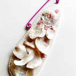 Hand Embroidered Fiber Art Shells, Rose Quartz, Pink Safety Pin - thumbnail 2