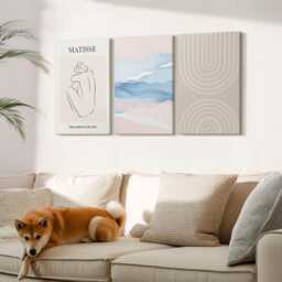 Set Of 3 Canvas Prints - Lines & Waves in Pastel Shades With A Minimalist Accent, Beige Large Wall Art, Abstract Hanging Piece - thumbnail 3