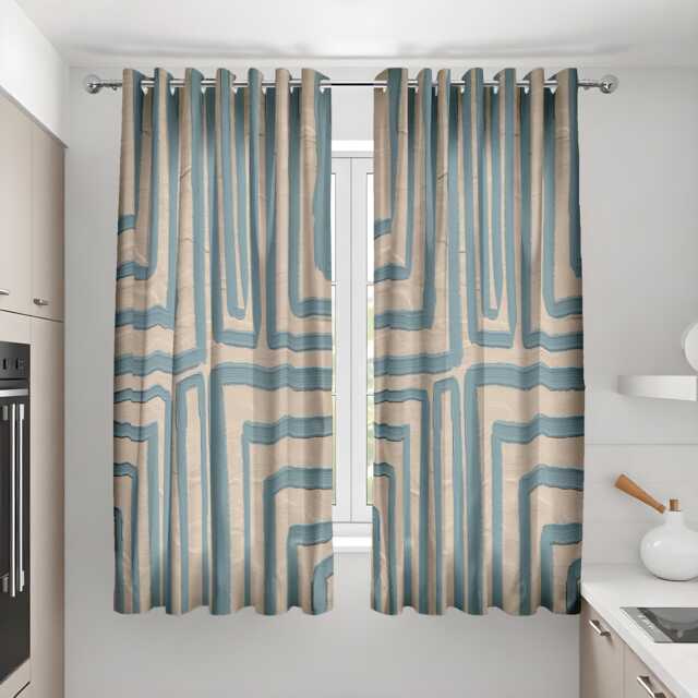 Geometric Blue Kitchen Curtains, Abstract Pattern Window Drapes, Beige Modern Panel Set, Custom Short Curtains For Caf?? Or Home - image 1