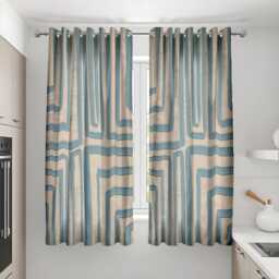 Geometric Blue Kitchen Curtains, Abstract Pattern Window Drapes, Beige Modern Panel Set, Custom Short Curtains For Caf?? Or Home - thumbnail 1