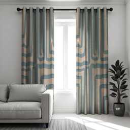 Geometric Blue Kitchen Curtains, Abstract Pattern Window Drapes, Beige Modern Panel Set, Custom Short Curtains For Caf?? Or Home - thumbnail 2