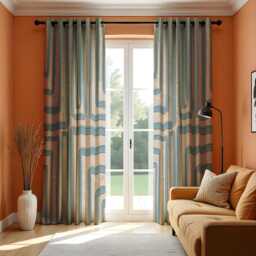 Geometric Blue Kitchen Curtains, Abstract Pattern Window Drapes, Beige Modern Panel Set, Custom Short Curtains For Caf?? Or Home - thumbnail 3