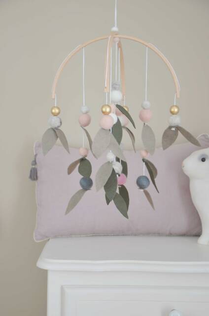 Spring Mobile With Leaves, Pink, Gold, White - image 1