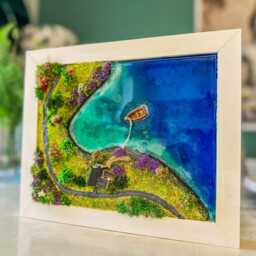 Moss Wall Art Resin Ocean Island Diorama With Miniature House & Boat - thumbnail 2