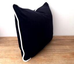 Black Velvet Pillow Cover, White Piping, Soft Cushion - thumbnail 3