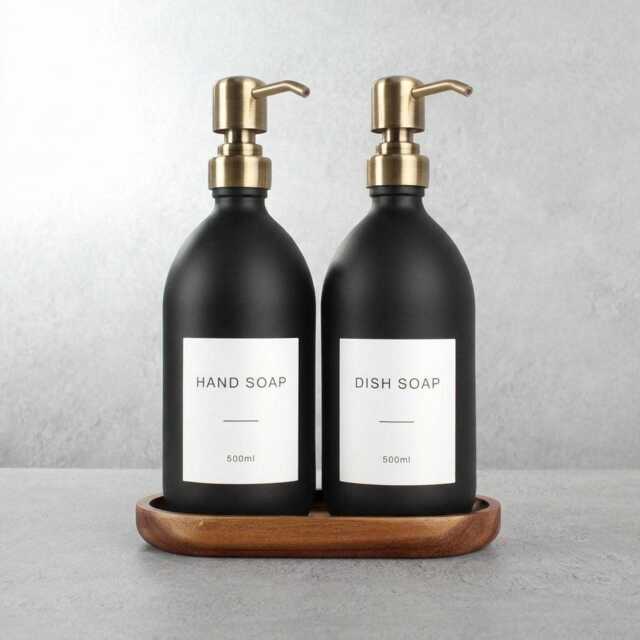 Acacia Tray & Matte Black Dispenser Set - Labelled Refillable Bottle With Gold Pump & Label - For Shampoo, Hand Soap, Cream, Body Wash - image 1