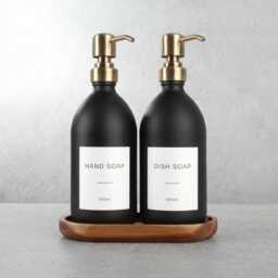 Acacia Tray & Matte Black Dispenser Set - Labelled Refillable Bottle With Gold Pump & Label - For Shampoo, Hand Soap, Cream, Body Wash - thumbnail 1