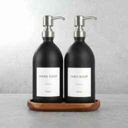 Acacia Tray & Matte Black Dispenser Set - Labelled Refillable Bottle With Gold Pump & Label - For Shampoo, Hand Soap, Cream, Body Wash - thumbnail 3