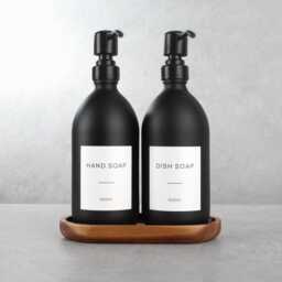 Acacia Tray & Matte Black Dispenser Set - Labelled Refillable Bottle With Gold Pump & Label - For Shampoo, Hand Soap, Cream, Body Wash - thumbnail 2