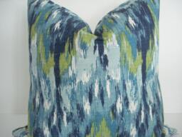 Ikat-Navy/Lime/Turquoise & Creamy Ivory - 14x20 Lumbar-Designer Decorative Pillow Cover