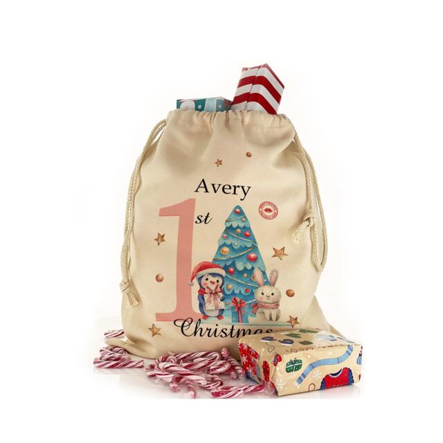 Personalized 1st Christmas Gift Sack, Snowman Drawstring Bag - image 1