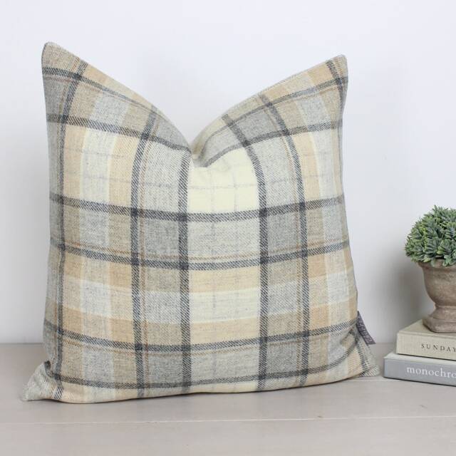 "Lewis Cobweb Neutral Cream & Taupe Check Tartan Wool Cushion/Cover 16"" 18"" 20"" 22"