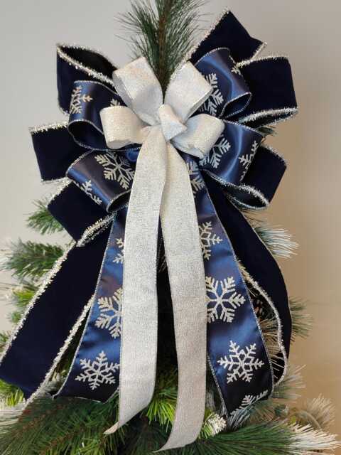 Navy Blue Silver Velvet Christmas Tree Topper Snowflake Bow Holiday Wreath Bows Lantern Gift Decoration - image 1