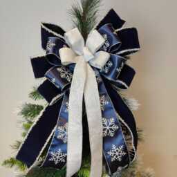 Navy Blue Silver Velvet Christmas Tree Topper Snowflake Bow Holiday Wreath Bows Lantern Gift Decoration - thumbnail 2