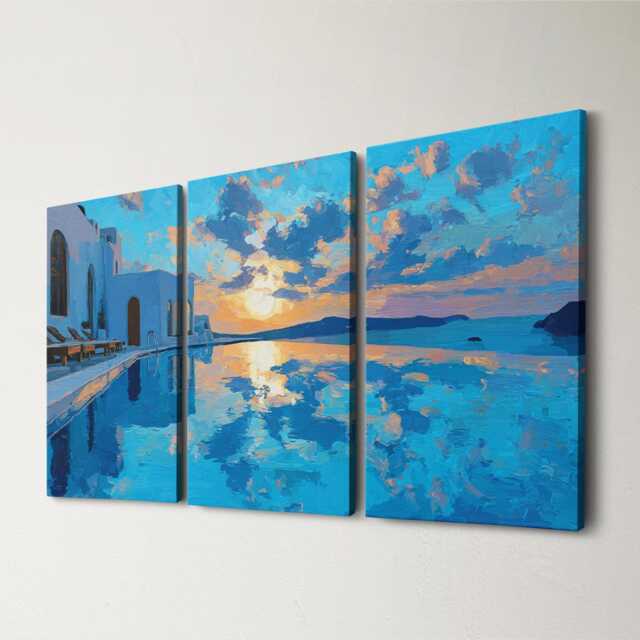 Santorini Greece Villa Pool 3 Panel Split Canvas Wall Art Summers Day Summer Cityscape Oil Painting Framed Home Decor - image 1