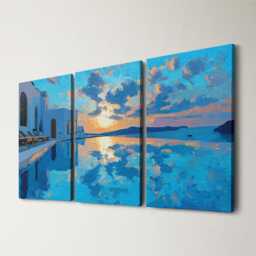 Santorini Greece Villa Pool 3 Panel Split Canvas Wall Art Summers Day Summer Cityscape Oil Painting Framed Home Decor - thumbnail 1