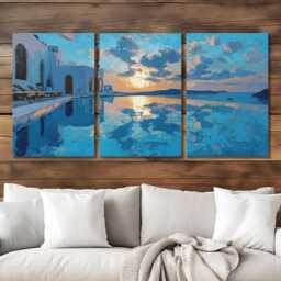 Santorini Greece Villa Pool 3 Panel Split Canvas Wall Art Summers Day Summer Cityscape Oil Painting Framed Home Decor - thumbnail 2