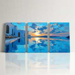 Santorini Greece Villa Pool 3 Panel Split Canvas Wall Art Summers Day Summer Cityscape Oil Painting Framed Home Decor - thumbnail 3