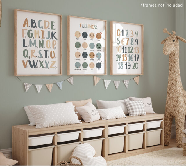 Set Of 3 Educational Nursery Prints, Feelings Chart Print, Alphabet Chart, Numbers Scandi Decor, Playroom Prints - image 1