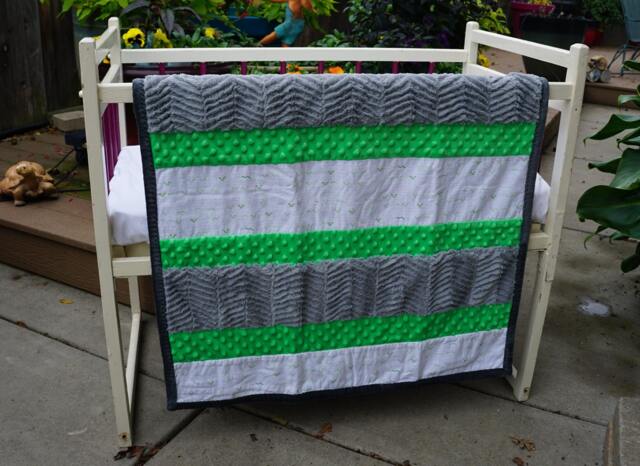 Handmade Modern Baby Minky Blanket Green, Gray & White Inchworm Printed - image 1