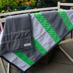 Handmade Modern Baby Minky Blanket Green, Gray & White Inchworm Printed - thumbnail 4