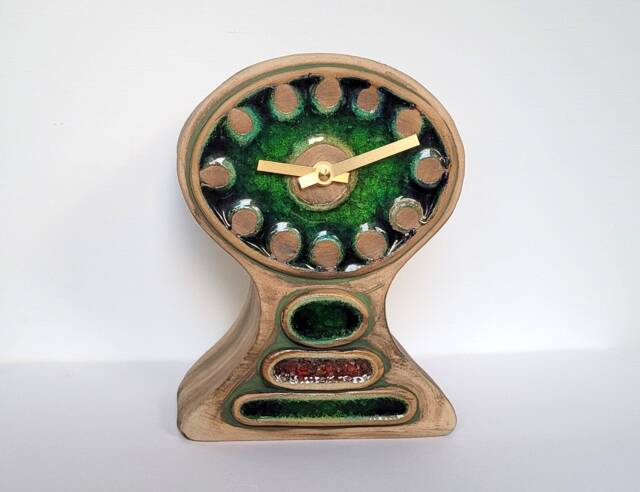 Hand Made Slab Built Free Standing Matt Green Stoneware Ceramic Mantle Clock With Inlaid Glass 20.5 cm Tall - image 1