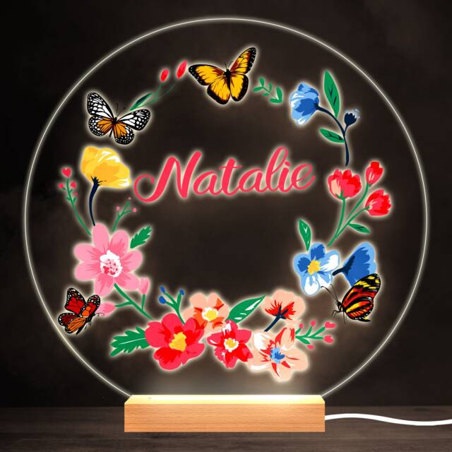 Butterflies Floral Wreath Colourful Round Personalised Gift Led Lamp Night Light - Bedroom - image 1