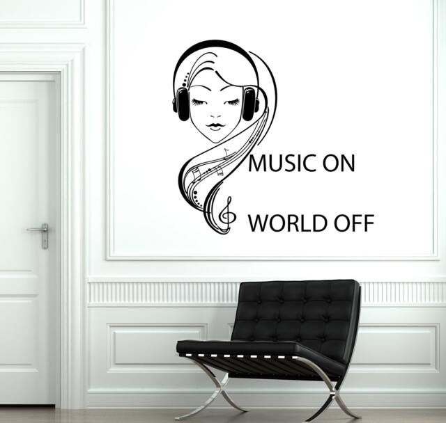 Wall Vinyl Decal Music On World Off Quotes Headphones Notes Decor 2046Di - image 1