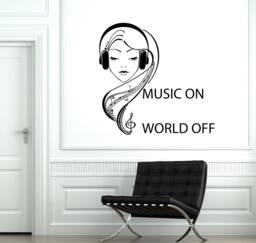 Wall Vinyl Decal Music On World Off Quotes Headphones Notes Decor 2046Di - thumbnail 1