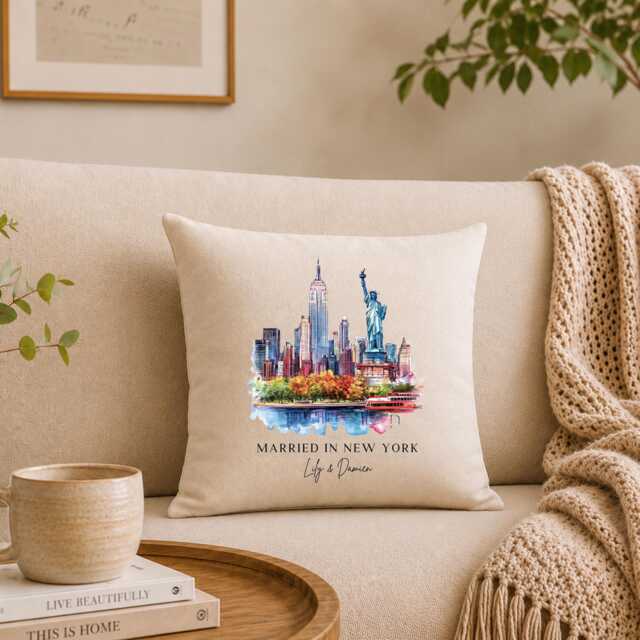 Personalised New York Wedding Cushion, Married in Destination Gift - image 1