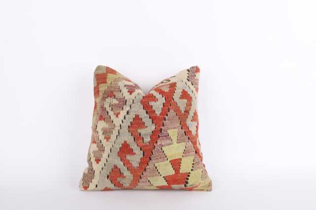 Vintage Turkish Kilim Pillow Cover Handwoven Wool Cushion - 16x16 - image 1