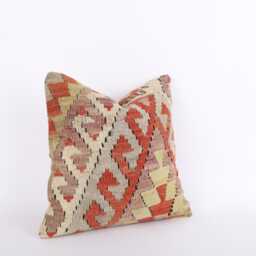 Vintage Turkish Kilim Pillow Cover Handwoven Wool Cushion - 16x16 - thumbnail 3