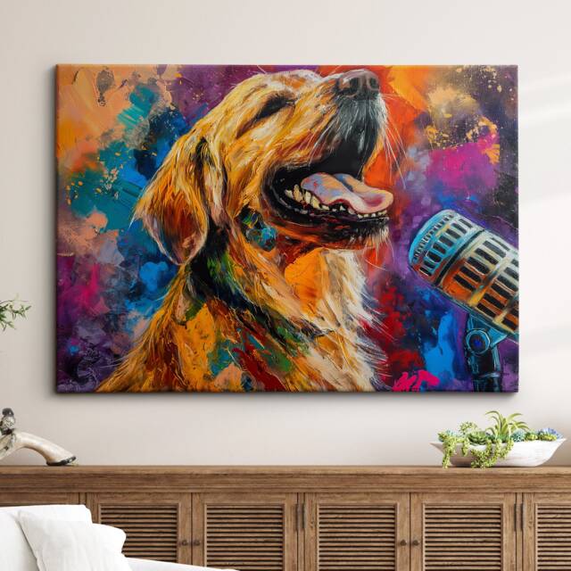 Golden Retriever Singing Microphone Painting Framed Poster Print & Canvas Wall Decor Art Home Living Room Dog Gift Idea Pet - image 1