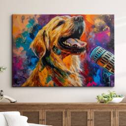 Golden Retriever Singing Microphone Painting Framed Poster Print & Canvas Wall Decor Art Home Living Room Dog Gift Idea Pet