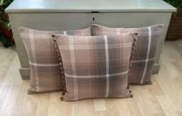 Tartan Tweed Pillow Cover Set Antique Gold & Beige Balmoral, Pompom Trim - thumbnail 1