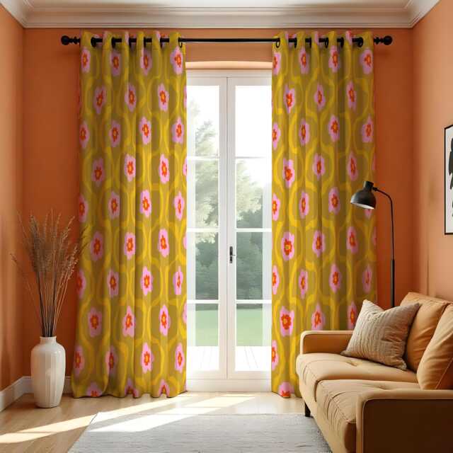 Retro Mustard Floral Curtains, Mid Century Modern Flower Drapes, Pink & Orange Geometric Print Panels, Made To Measure Curtains - image 1
