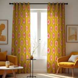 Retro Mustard Floral Curtains, Mid Century Modern Flower Drapes, Pink & Orange Geometric Print Panels, Made To Measure Curtains - thumbnail 2