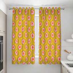 Retro Mustard Floral Curtains, Mid Century Modern Flower Drapes, Pink & Orange Geometric Print Panels, Made To Measure Curtains - thumbnail 3