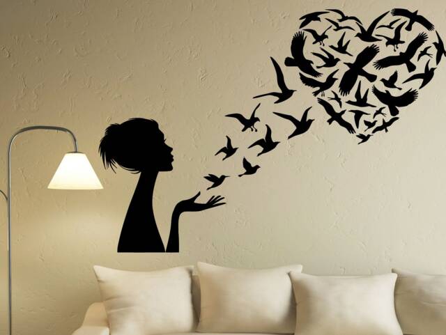 Girl Blowing Birds Heart Vinyl Wall Decal - Inspirational Kids Room Decor Nm107 - image 1