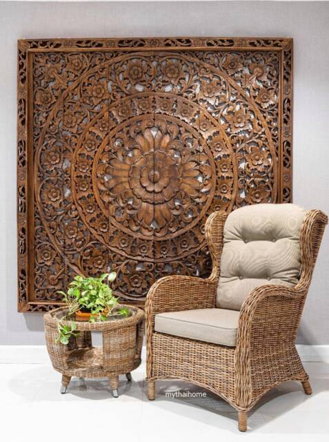 Hand Carved Headboard California King Mandala Teak Wall Art Panel Large Thai Wood Carving Bohemian Decorative 72 - image 1