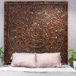 Hand Carved Headboard California King Mandala Teak Wall Art Panel Large Thai Wood Carving Bohemian Decorative 72 - thumbnail 4